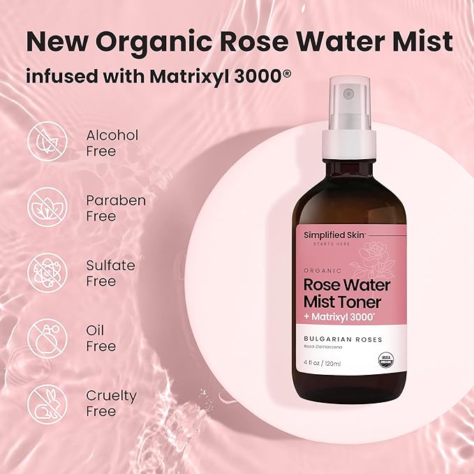 Rose Water Spray for Face with Matrixyl 3000 - Organic Rosewater Face Mist with Aloe Vera & Hyaluronic Acid - Hydrating, Reduces Fine Lines, Boosts Collagen Production, & Soothes Skin - 4 Fl Oz-BrightBean Baby
