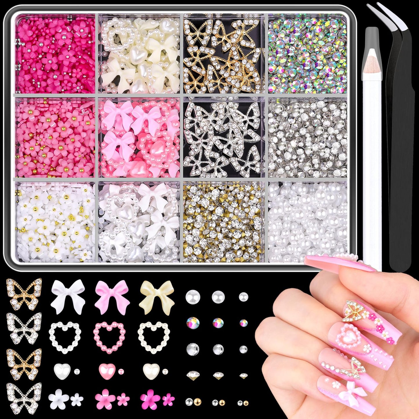 3D Nail Charms and Gems Set 7, 20PCS Chunky Butterfly Charms + 75PCS Coquette Nail Bows and Hearts + 3D Flowers for Nails with Rhinestones, Pearls, Diamonds and Picker Tools for Y2K Nail Decor-BrightBean Baby