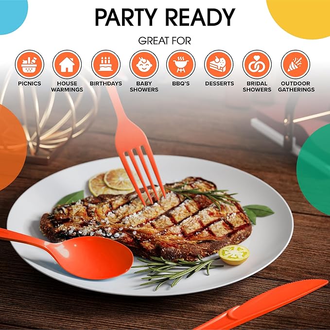 Party Solids Orange Plastic Silverware Heavy Duty 150 Pieces Orange Plastic Cutlery Sets, Utensil Sets, 50 Of Each Forks, Knives & Spoons Disposable Cutlery Set, Flatware Set For Party Supplies
