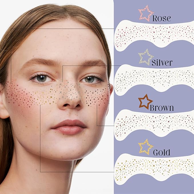 Glitter Freckles Face Tattoo, 10 Pcs Silver Face Glitter Freckles for Women, Festival Outfits for Women Rave Accessories Fake Tattoos, Sparkle Makeup Patches, Waterproof Speckles Patches,Mini Makeup-BrightBean Baby