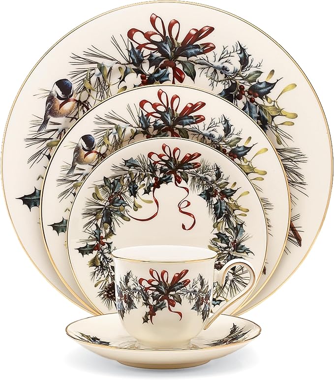 Lenox 185591602 Winter Greetings, Ivory Bone China, 5-Piece Place Setting, Christmas Dinnerware Set, Holiday Hosting