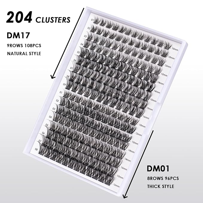 Lash Clusters 204 Pcs Individual Lashes Clusters Eyelash Extensions False Eyelashes DIY Lash Extension Kit Reusable False Eyelashes Natural Look Mix 10-16mm C D Curl(DM01+DM17)-BrightBean Baby