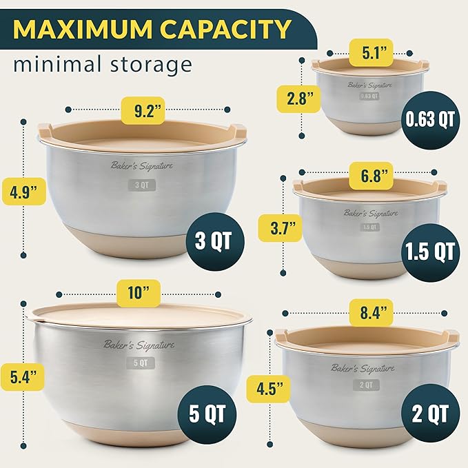 Baker's Signature Stainless Steel Mixing Bowls with Lids Set, 5 Sizes, 3 Graters, Non-Slip Base, Airtight Lids, Metal Mixing Bowls for Kitchen, Food Prep, Storage, 0.63QT-5QT, Khaki