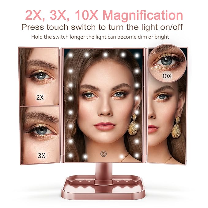 HUONUL Makeup Mirror, 10X 3X 2X Magnification, Lighted Makeup Mirror, Touch Control, Dual Power Supply, Portable LED Mirror, Women Gift (Rose Gold)-BrightBean Baby