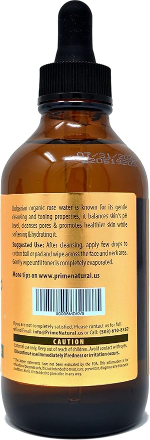 PRIME NATURAL Rose Water Spray 4oz/120ml, USDA Certified Organic, Facial Toner, Hydrating Mist for Face & Hair - Bulgarian, 100% Pure, Natural, Preservative-Free, Moisturizer from Fresh Rose Petals-BrightBean Baby