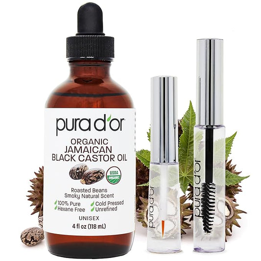 PURA D'OR 4 Oz ORGANIC Jamaican Black Castor Oil - Natural Smoky Scent - w/ 2 BONUS Empty Brushes - 100% Pure USDA Certified Cold Pressed & Roasted, Hexane Free Eyelash & Eyebrow Serum-BrightBean Baby