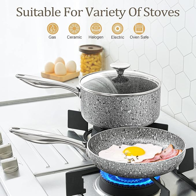 MICHELANGELO Frying Pan Set with Lid, 8" & 10" Granite Frying Pan Set with 100% APEO & PFOA-Free Stone Non Stick Coating, Granite Skillet Set with Lid, Nonstick Frying Pans 2 Piece - 8"+10"