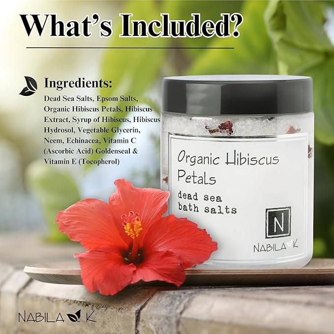 Organic Hibiscus Petals Bath Salts by Nabila K - Dead Sea Salt & Epsom Salt Scrub & Soak - Exfoliates & Hydrates Skin, Botanical Essential Oils - Bubble Bath Accessories for All Skins Types, 8 oz-BrightBean Baby