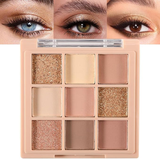 Erinde 9 Colors Eyeshadow Palette, Matte Shimmer Glitter Eye Shadow Makeup Palette, Highly Pigmented Long Lasting Waterproof, Natural Neutral Nude Eyeshadow Makeup Pallet, Oat Milk Tea-BrightBean Baby