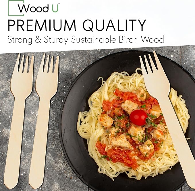 Disposable Wooden Forks by WoodU | 100% All-Natural, Eco-Friendly, Biodegradable, and Compostable - Pack of 200-6.5" forks cutlery utensils