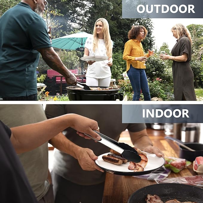 Kitchen Tongs, 2pcs Barbecue Tongs 10 inch & 12 inch with Silicone Tips, 1pc Brush Stainless Steel Cooking Tongs with Heat Resistant Handle for BBQ Serving, Grilling, Buffet, Dishwasher Safe (Black)