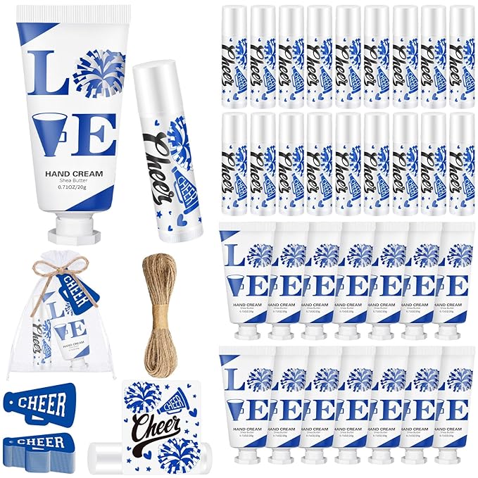 144 Pcs Blue Cheer Favors Natural Bulk Lip Balm and Hand Cream Set, Include 36 Lip Balm 36 Moisturizing Hand Cream 36 Bags 36 Card and Rope cheer accessories for Team Sports Party Supplies-BrightBean Baby