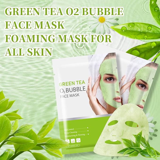 10 Sheets Face Masks Skincare O2 Bubble Green Tea Face Mask, Cleaner Bubble Sheet Masks Foaming Purifying Facial Mask for Pores, Moisturizing Spa Face Masks Skin Care For All Skin Type-BrightBean Baby