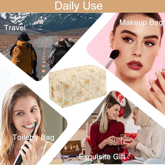 Makeup Bag Travel Cosmetic Bag for Women Girls, Zipper Make Up Pouch, Floral Flowers Toiletry Organizer Makeup, Portable Storage Bag, Cosmetic Travel Cloth Bag (Yellow Orange Flower)-BrightBean Baby