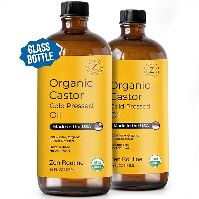 Zen Routine Organic Castor Oil (Glass Bottle - 16oz / 2-Pack) Hexane Free – Hair Growth Oil, Eye Lashes & Stomach, Pure 100% Cold Pressed Unrefined Castor Pack Wrap – USDA Certified, Made in the USA-BrightBean Baby