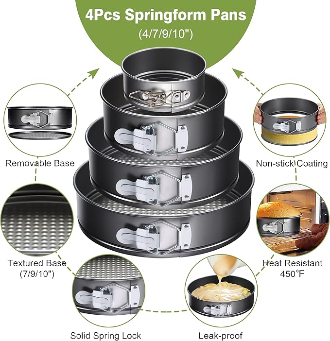 139PCS Springform Cake Pan Set - 4 Non-stick Cheesecake Pans(4/7/9/10-Inch) + Cake Decorating Supplies: Parchment Paper, Pastry Bags and Tips, Icing Scrapers, Cake Cutting Set & More!