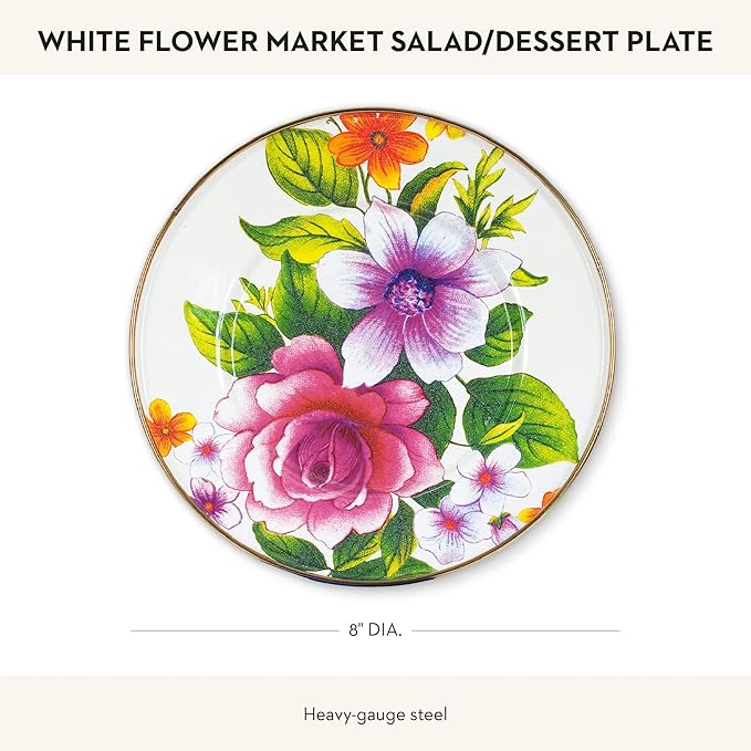 MACKENZIE-CHILDS Enamel Salad and Dessert Plate, Small Plate for a Dessert or Appetizer Dish, 8 Inches, White Flower Market