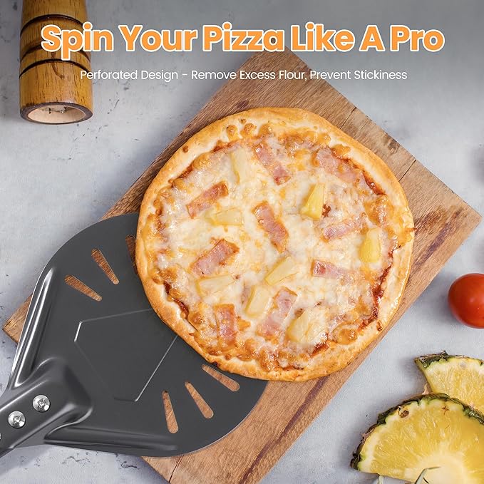 8” Pizza Turning Peel - Pizza Turner - Restaurant-Grade Aluminum Perforated Pizza Peel Lightweight Metal Outdoor Pizza Oven Accessories