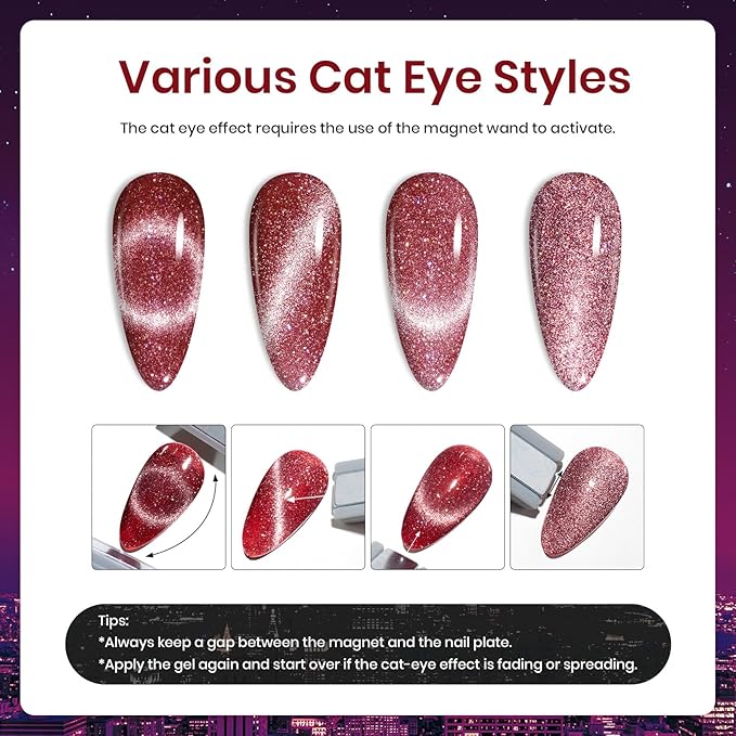 Beetles Cat Eye Gel Nail Polish Set 6 Colors Glitter Red Purple Blue Nail Polish with Magnet Spring Gel Polish Soak Off U V Led Gifts for Women Girls Salon DIY Home-BrightBean Baby