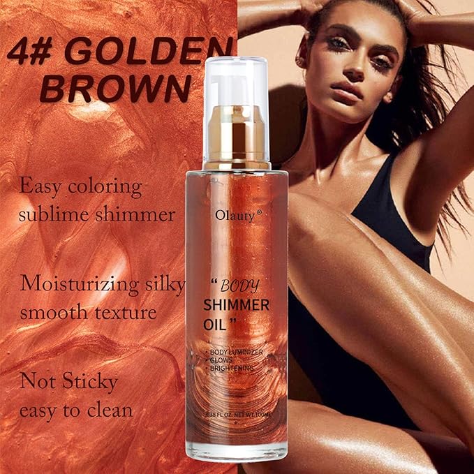 Shimmer Body Oil-Golden Brown Face Brighten Pearl Highlighter Liquid Illuminator Body Glow Oil,4 Color Bronze Makeup Glitter Body Shimmer Oil with Makeup Brush-BrightBean Baby
