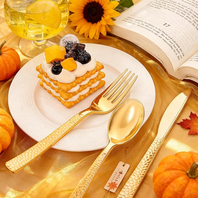 KIRE 400PCS Gold Plastic Silverware - Extra Heavy Duty Hammered Silverware Disposable Set, Gold Utensils Set Include 200 Forks,100 Knives,100 Spoons for Thanksgiving Party, Wedding