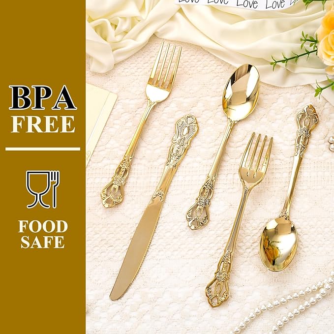 200PCS Gold Plastic Silverware - Heavy Duty Elegant Disposable Utensils - Gold Plastic Cutlery Set Includes 100Forks, 50Spoons, 50Knives for Dinner, Parties, Weddings