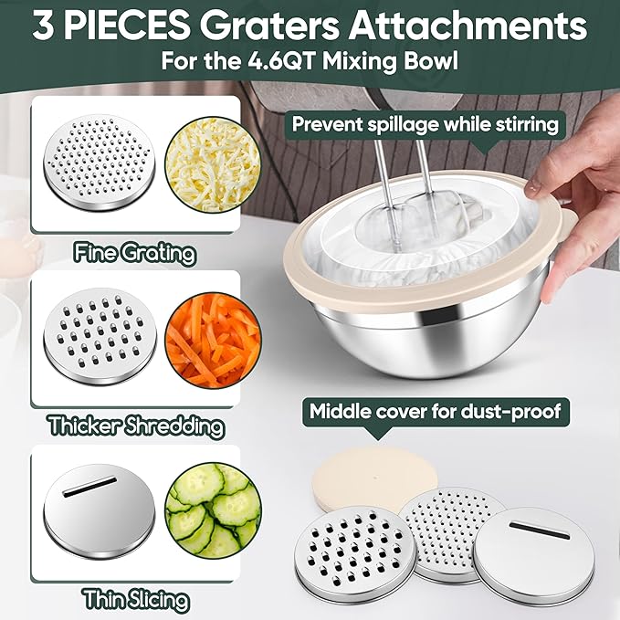 Herogo 5-Piece Mixing Bowls with Airtight Clear Lids, 3 Grater Attachments, Stainless Steel Salad Bowls for Kitchen, Size 4.6, 3.5, 2.5, 2, 1.5QT Ideal for Baking, Prepping and Serving, Khaki