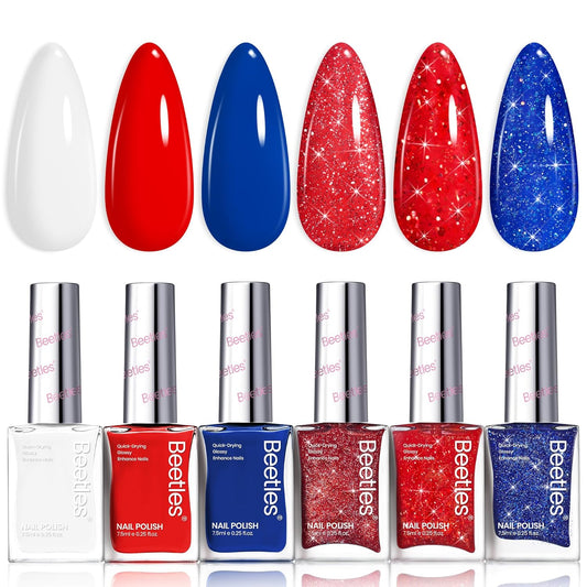 Beetles 4th of July Nail Polish Set - 6 Colors White Red Blue Nail Polish Kit Sparkle Glitter Fingernail, Quick Dry & Long Lasting Beetles Midnight Fireworks Diy Nail Art Design Gifts for Women-BrightBean Baby