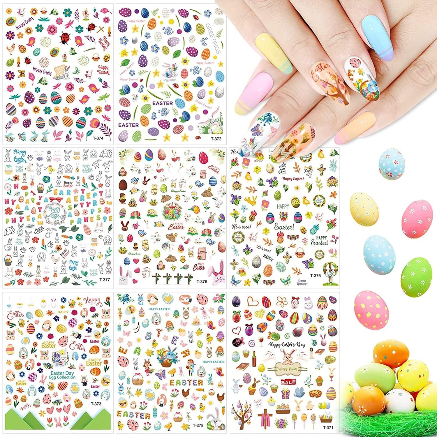 Kalolary 8 Sheet Easter Nail Art Stickers Self Adhesive Easter Nail Stickers DIY Nail Decals Bunny Eggs Chick Rabbits Flower Nail Design Sticker Nail Decoration for Women Girls Kids-BrightBean Baby