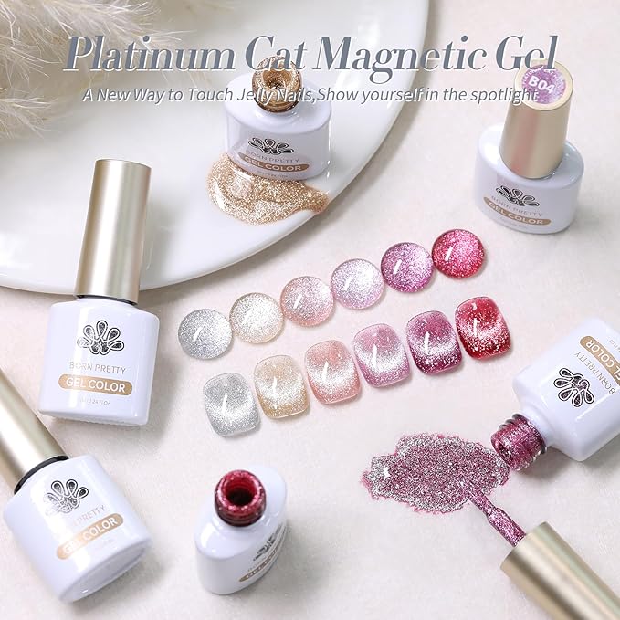 Born Pretty Magnetic Gel Polish Platinum Glitter Cat Magnetic Gel Nail Polish Silver Rose Gold Pink Red Purple Nail Salon DIY at Home-BrightBean Baby
