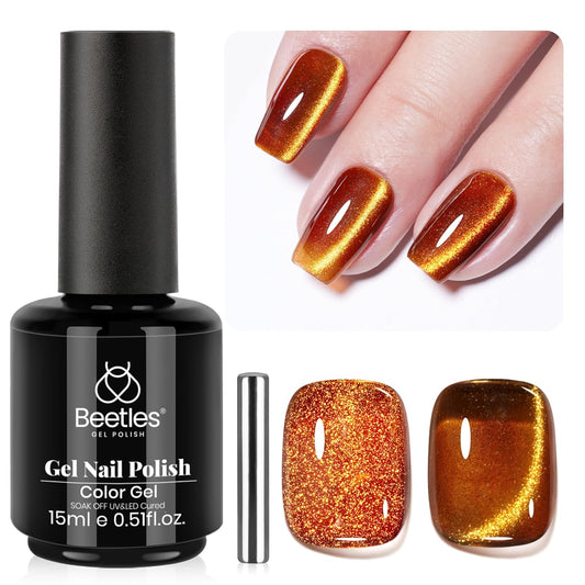 Beetles Brown Cat Eye Gel Nail Polish - Amber Glint Cat Eye Gel Polish, 15ML Fall Brown Gold Powder Magnetic Glitter Gel Polish Soak Off UV French Nail Art Salon DIY Manicure Gift for Women-BrightBean Baby
