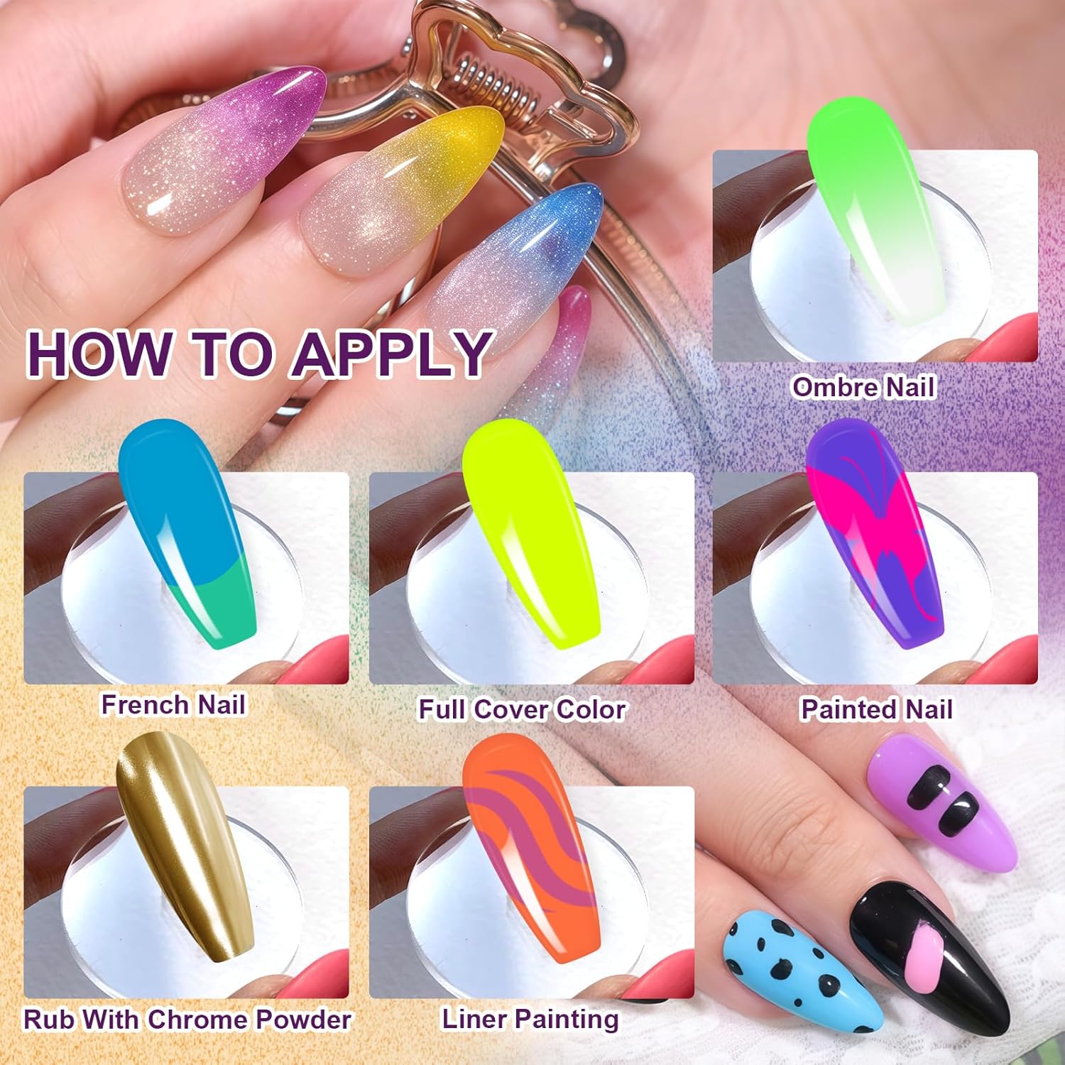 Gradient Gel Nail Set,16 Bright Neon Color for Ombre Fluorescent Jelly Nail Polish Platte, Pat Painting Gel French Nail Manicure No-wipe DIY Art Home Salon Soak of UV Cyber Gelight-BrightBean Baby