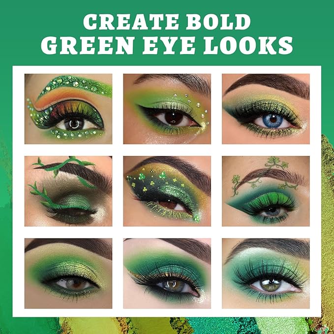 UCANBE Green Eyeshadow Makeup Palette, 15 Colors Bright Dark Green Shimmer Matte Metallic Glitter Eye Shadow, Forest Emerald Lime Pallet Kit for Cosplay Parties Christmas Halloween SFX-BrightBean Baby