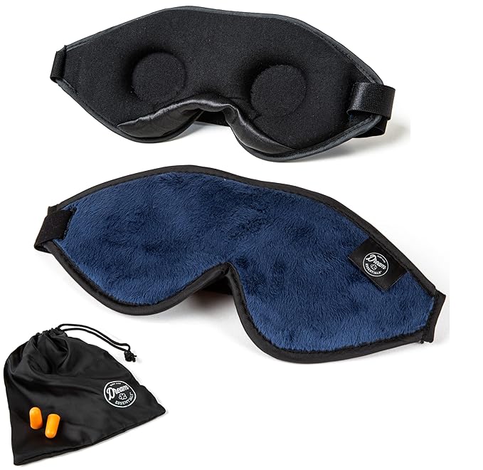 Dream Essentials, Escape 3D Sleep Mask, Earplugs, Carry Pouch Set, Molded Eye Shade, Men and Women, Contoured, Nose Bridge, Light Block, Memory Foam, Gift Set, Travel, Yoga, Blindfold, Navy Blue-BrightBean Baby
