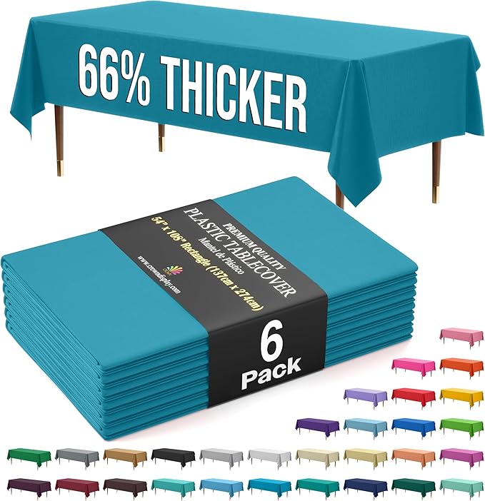 Exquisite Premium Plastic Tablecloth - 54" x 108" Rectangle, 6 Pack (Turquoise)