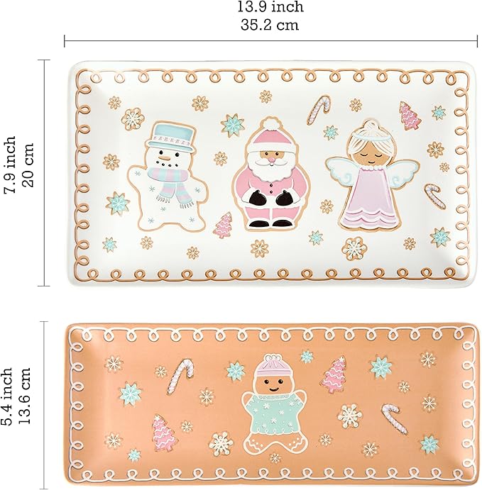 Bico Pastel Gingerbread Man Ceramic 14 inch Rectangular Serving Platter, Set of 2, for Serving Salad, Pasta, Cheese, Ham, Appetizer, Microwave & Dishwasher Safe