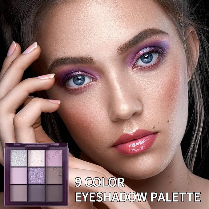 Erinde 9 Colors Eyeshadow Palette, Matte Shimmer Glitter Eye Shadow Palette Makeup, Highly Pigmented Long Lasting Waterproof, Natural Neutral Nude Eyeshadow Make Up Pallet, Purple Dreamscape-BrightBean Baby