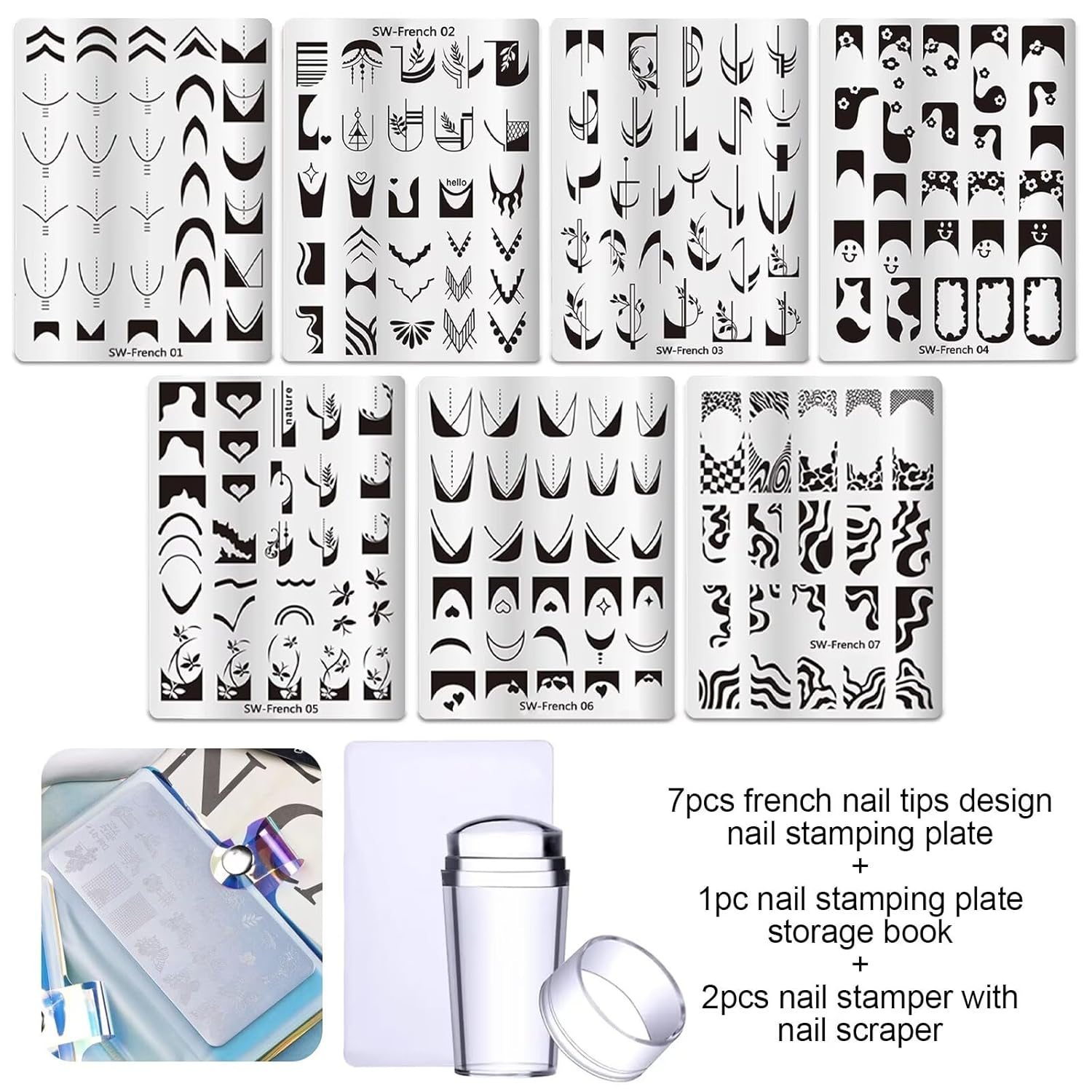 French Tip Nail Stamping Plate- 10 pcs Nail Stamper Kit Silicone Nail Stamper French Nail Stamp with Nail Art Stamps Storage Bag Nail Stamp Template Nail Supplies for Salon DIY-BrightBean Baby