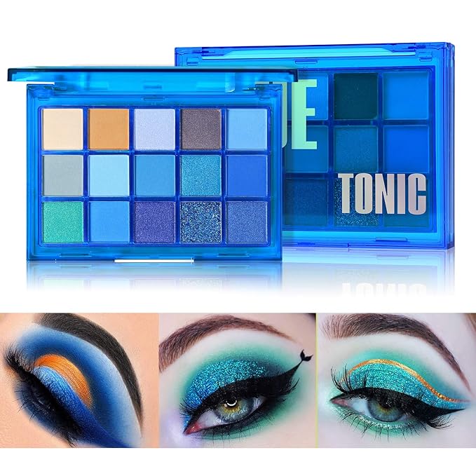UCANBE Bright Neon Eyeshadow Makeup Palette-15 Shades High Pigmented Purple Blue Yellow Shimmer Matte Glitter Metallic Eyes Shadow Colorful Vibrant Creamy Make Up Pallets Kit - Blue Tonic…-BrightBean Baby