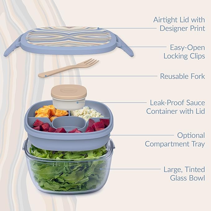 Bentgo Glass Prints All-in-One Salad Container - 61oz Tinted Glass Salad Bowl with Lid, Bento-Style Tray, Sauce Container, & Reusable Fork - Dishwasher & Microwave Safe (Wildly Chic - Soft Blue)