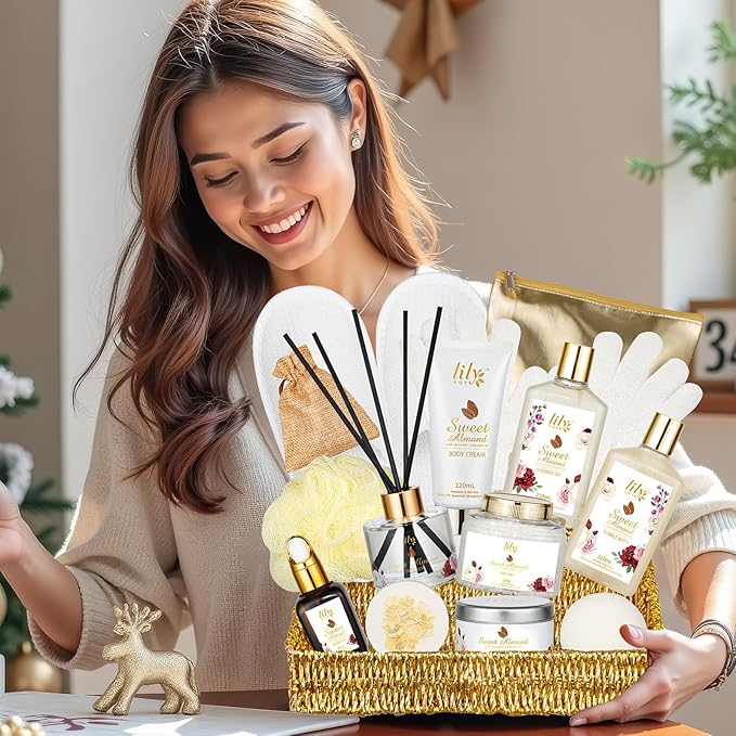 Mothers Day Gifts for Mom Spa Gift Basket Set for Women 17-Piece Almond Luxury Spa Gift Set Bath & Body Care Kit with Shower Gel, Body Cream | Valentine's, Christmas, Birthday Gifts for Her, Wife, Mom-BrightBean Baby