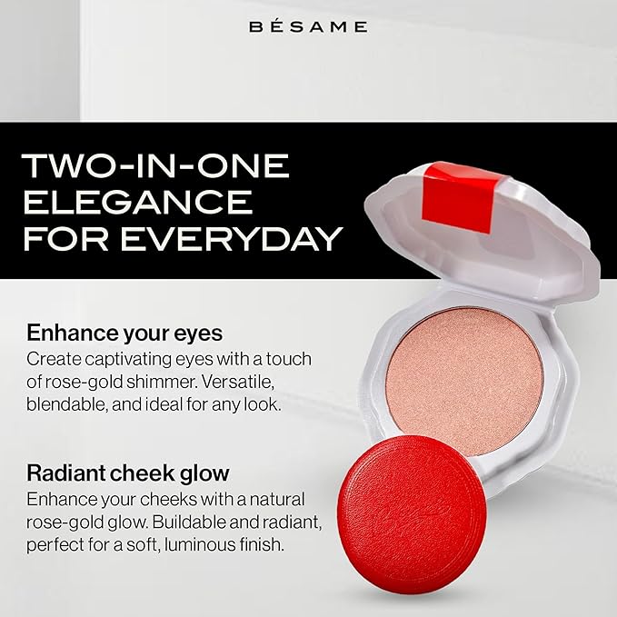 Besame Rose Gold Powder Blush & Eyeshadow 1959 Refill | Fits Signature Compacts Post-2019 | Sunkissed Pink-Gold | Vintage Inspired | 2-In-1 Cheek & Eyelid Highlighter | Sustainable Beauty Routine-BrightBean Baby