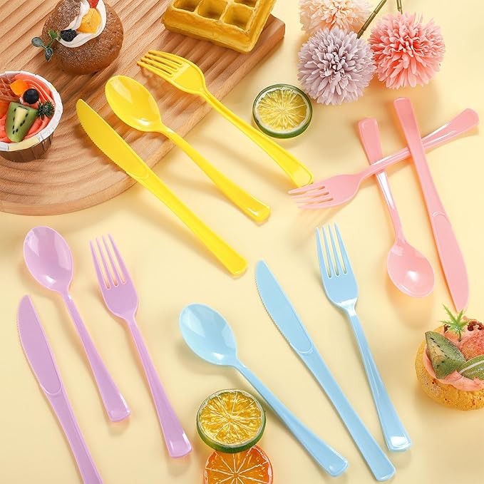 300 Pieces Pastel Plastic Silverware Heavy Duty Plastic Cutlery Set Heavyweight Disposable Utensils Includes Spoons Forks Knives for Birthday Wedding Dinner, Macaron Colors