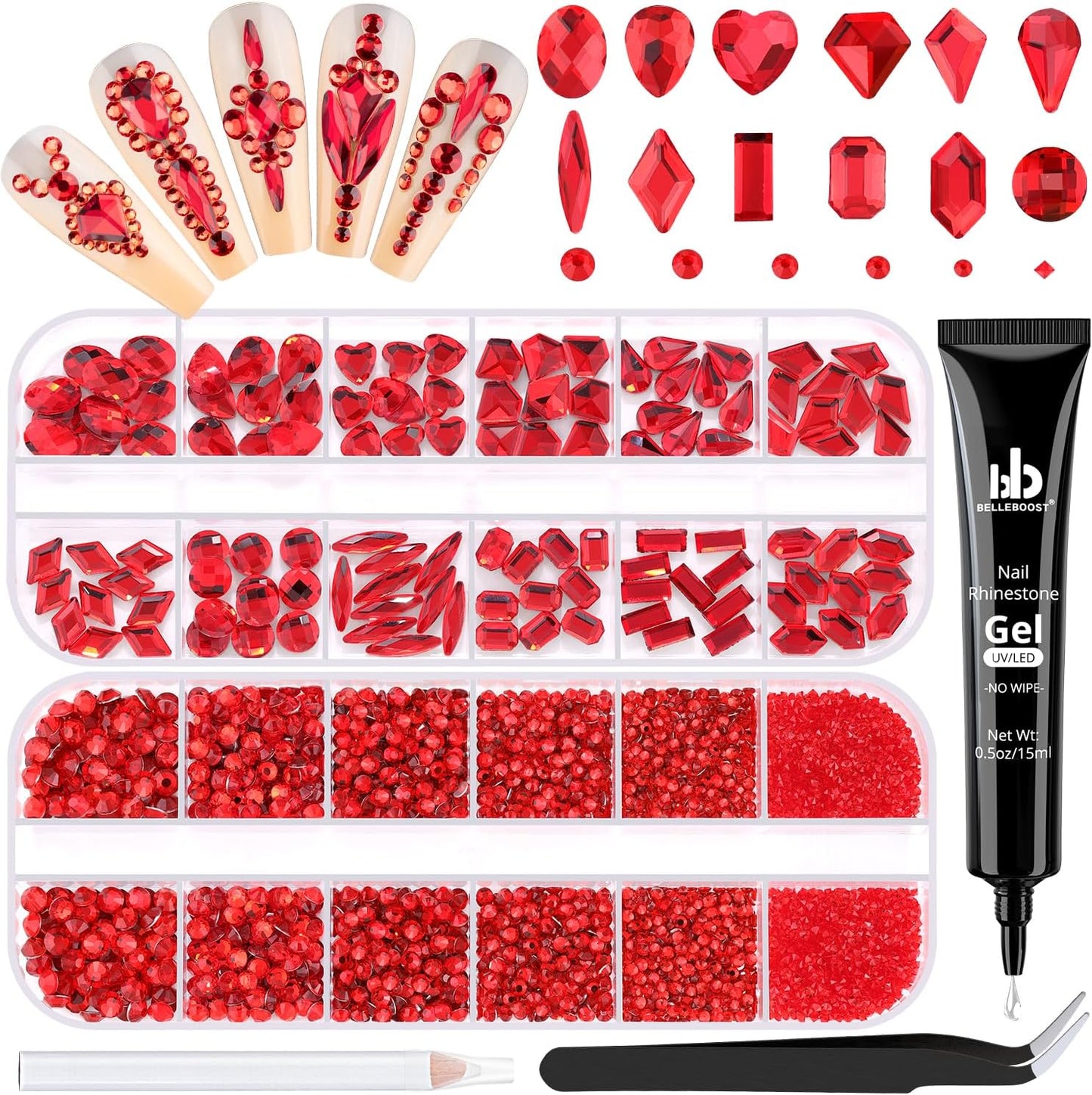 2680Pcs Red Glass Nail Rhinestones 120Pcs Multi Shapes Flatback Nail Gems + 2560Pcs 1.5-4mm Round Crystal with Rhinestones Glue Gel, Manicure Nail Charms Diamond Gemstones for Nail Art-BrightBean Baby