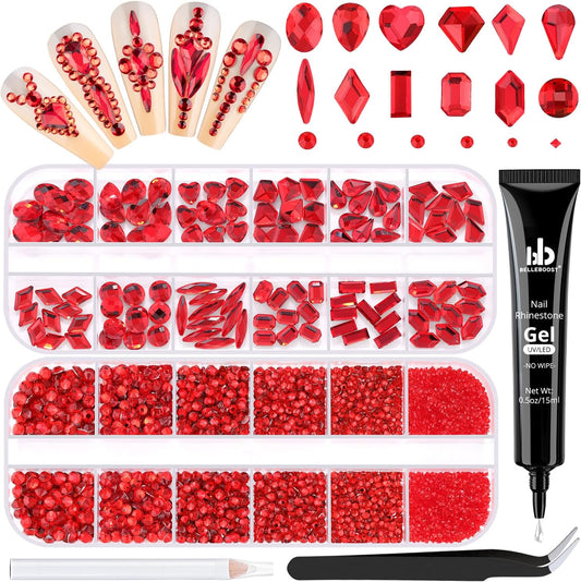 2680Pcs Red Glass Nail Rhinestones 120Pcs Multi Shapes Flatback Nail Gems + 2560Pcs 1.5-4mm Round Crystal with Rhinestones Glue Gel, Manicure Nail Charms Diamond Gemstones for Nail Art-BrightBean Baby