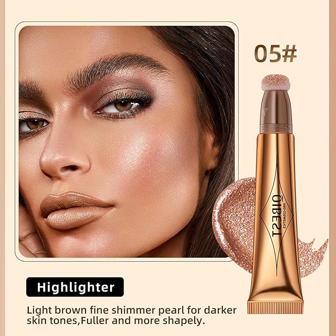 Highlighter Beauty Wand, Cream Liquid Highlighter Makeup Stick, Silky Smooth Face Shimmer Bronzer Stick with Cushion Applicator, Lightweight Body Face Glowing Highlighter, Cruelty-free（Rose Gold）-BrightBean Baby
