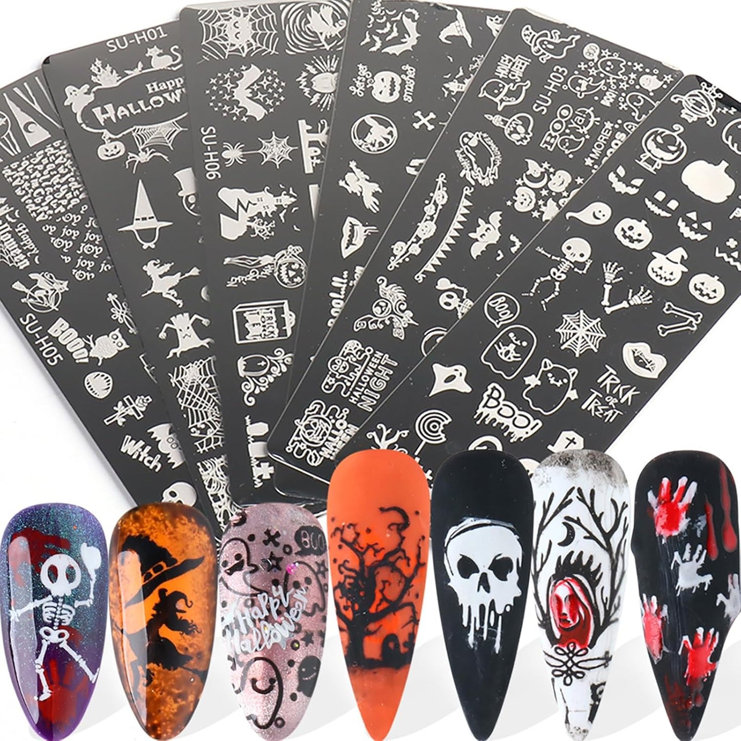 Halloween Nail Stamping Plate Art Stamping Kits DIY Printing Tools with Pumpkin Bat Witch Spider Owl Ghost Face Design Fashion Nail Stamp Art Decoration for Women 6Pcs-BrightBean Baby