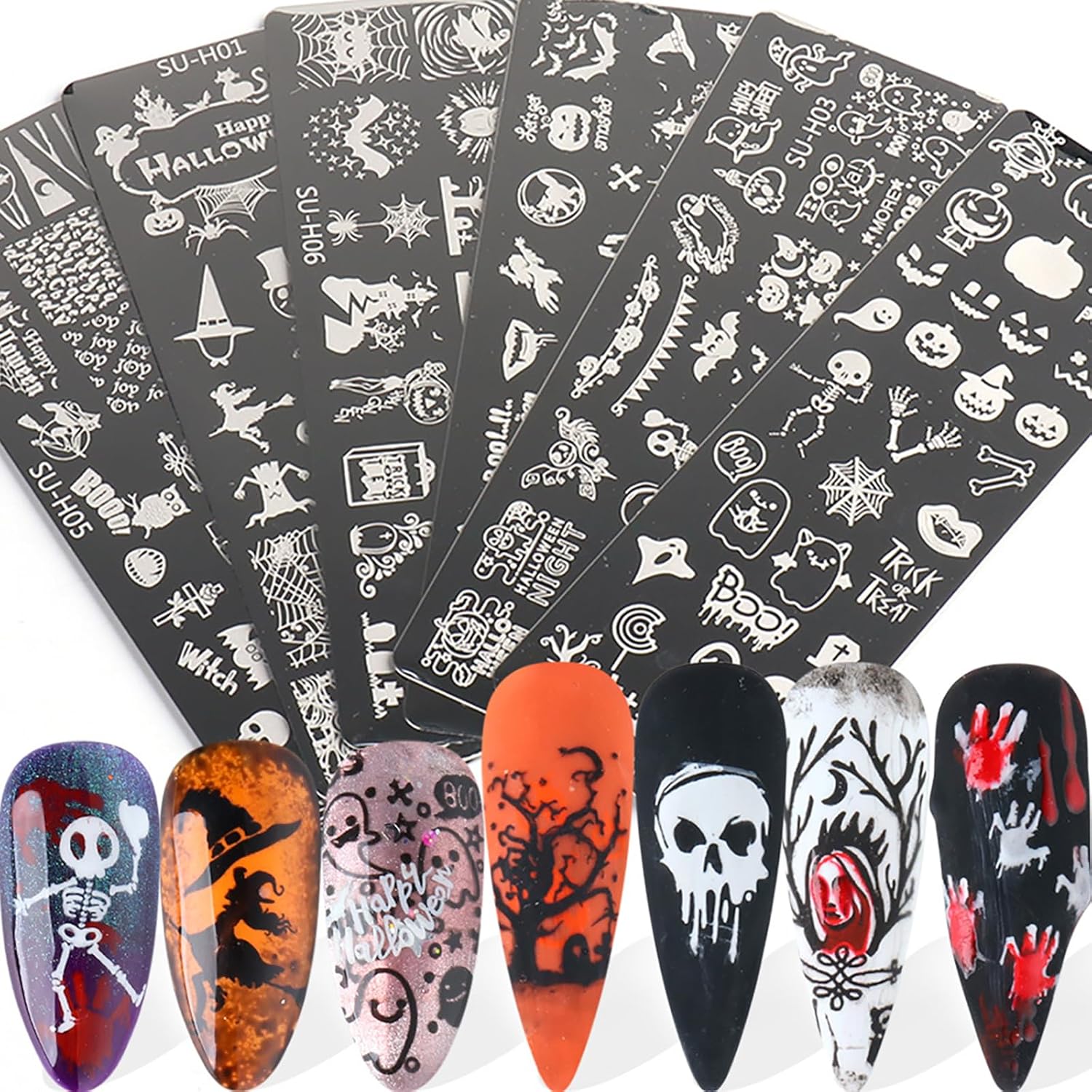 Halloween Nail Stamping Plate Art Stamping Kits DIY Printing Tools with Pumpkin Bat Witch Spider Owl Ghost Face Design Fashion Nail Stamp Art Decoration for Women 6Pcs-BrightBean Baby