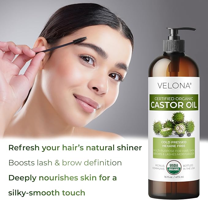 velona USDA Certified Organic Castor Oil - 16 fl oz (With Pump) | For Hair Growth, Boost Eyelashes, Eyebrows | Cold pressed, Natural Oil, USP Grade | Hexane Free, Lash Serum, Caster-BrightBean Baby