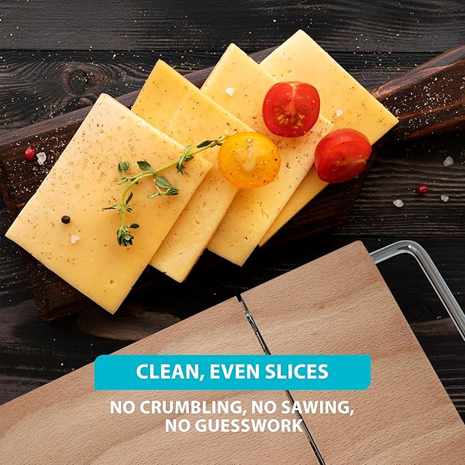 SlidingSusan Cheese Cutting Board - 11” Beech Wood with Silver Stainless Steel Slicer - Charcuterie Block for Hard & Soft Cheeses, Butter, Meat – Heavy Duty Handheld Kitchen Tool